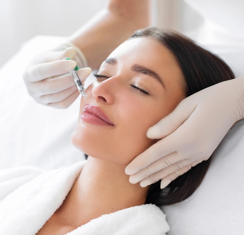 Clinician administering dermal filler injection to patient's cheek during cosmetic treatment